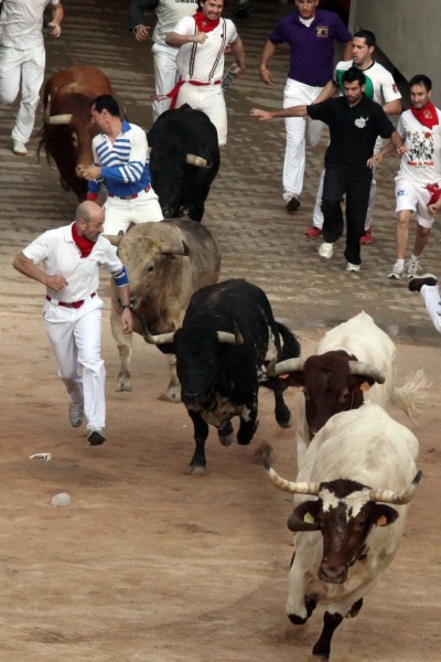 Julen Madina in the traditional red and white (with blue elbow support) leads the bulls into the ring in Pamplona
