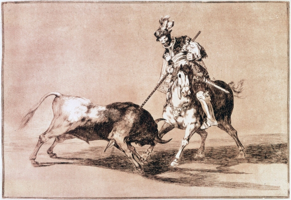 El Cid bullfighting, as described in the Poem of the Cid, composed circa 1140, here depicted by Francisco Goya (Image from Wikipedia)
